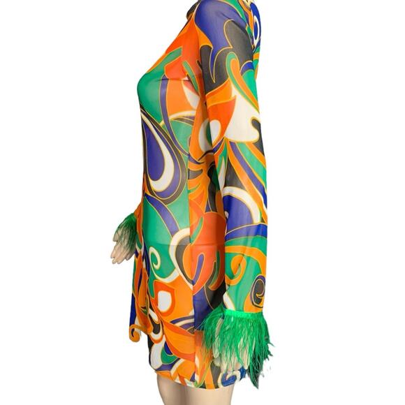 Cherie LA Women's Size Medium Mini Dress Sheer 70’s Hippie Psychedelic Body Con - Picture 2 of 12